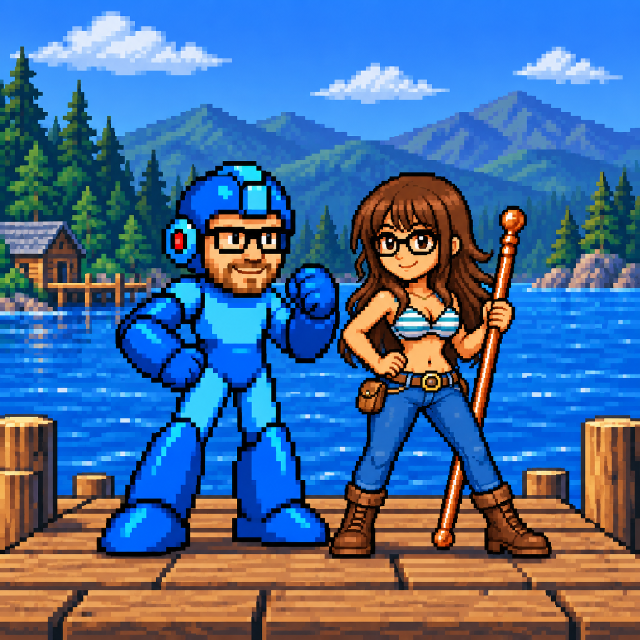 16-bit pixel art of Matt and Mya awake together on a Lake George dock.